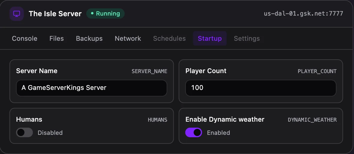 The Isle game panel — startup configuration