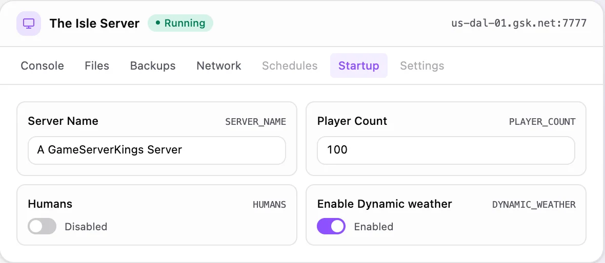 The Isle game panel — startup configuration
