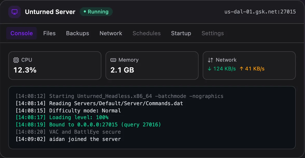 Unturned game panel — live server console
