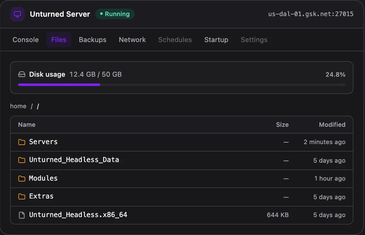 Unturned game panel — full file manager