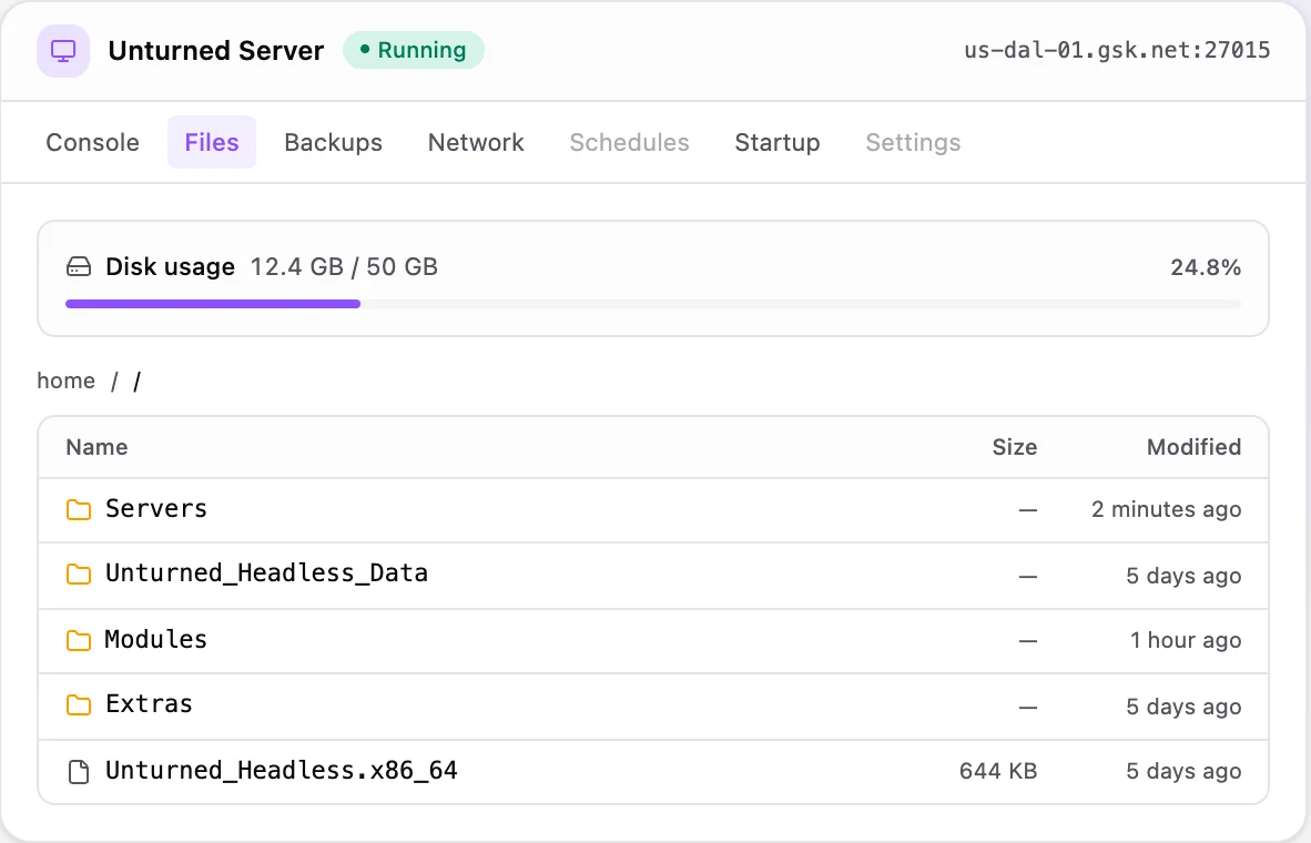 Unturned game panel — full file manager