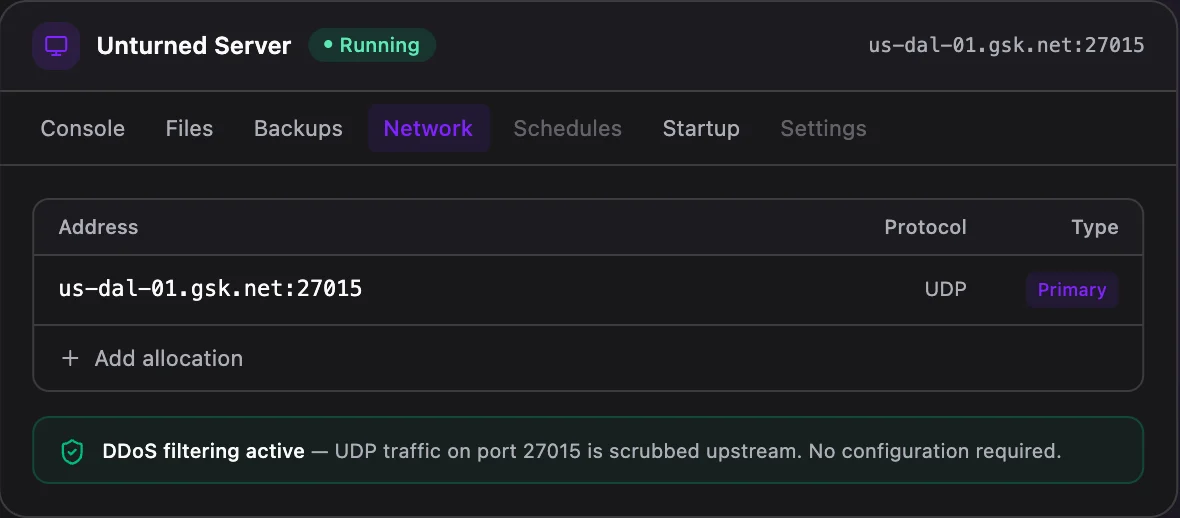 Unturned game panel — network & allocations