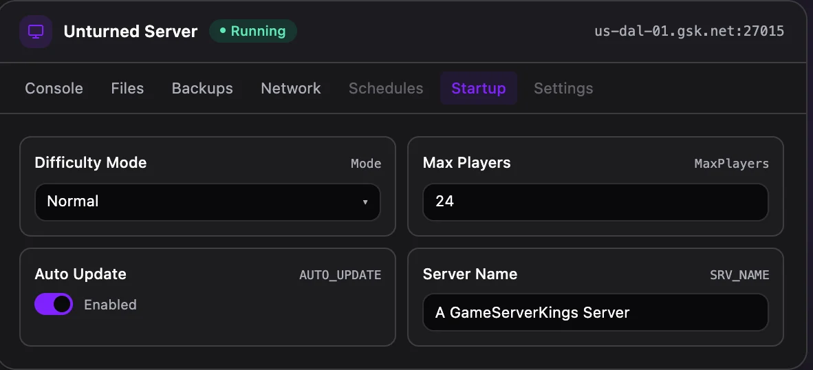 Unturned game panel — startup configuration