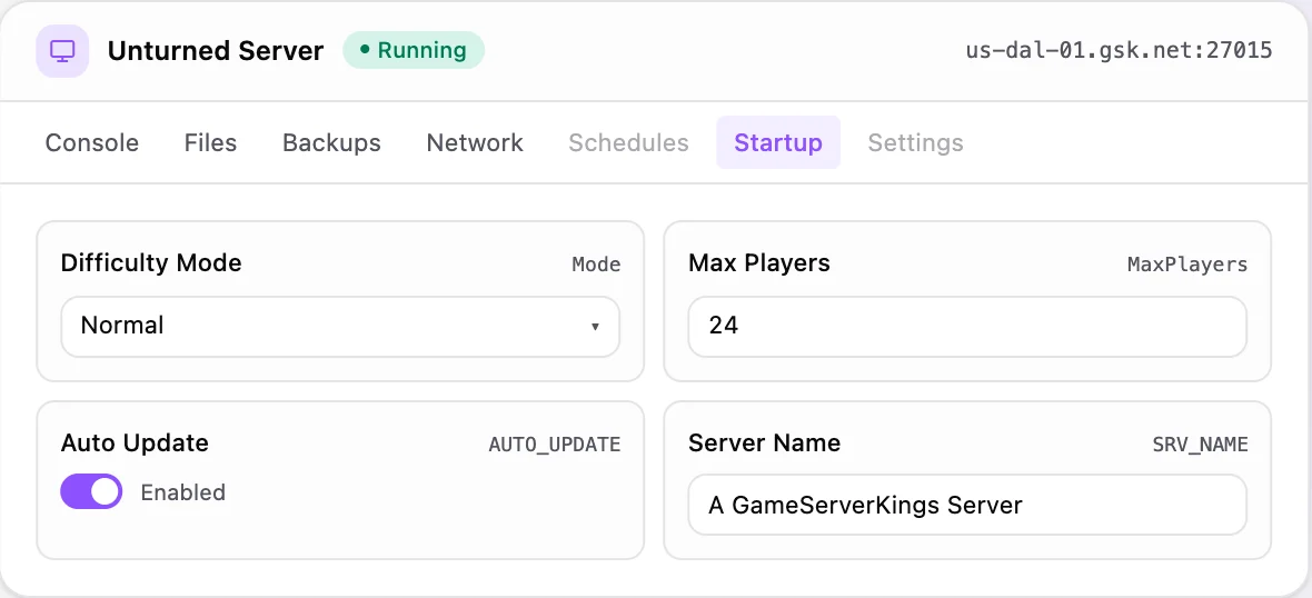 Unturned game panel — startup configuration