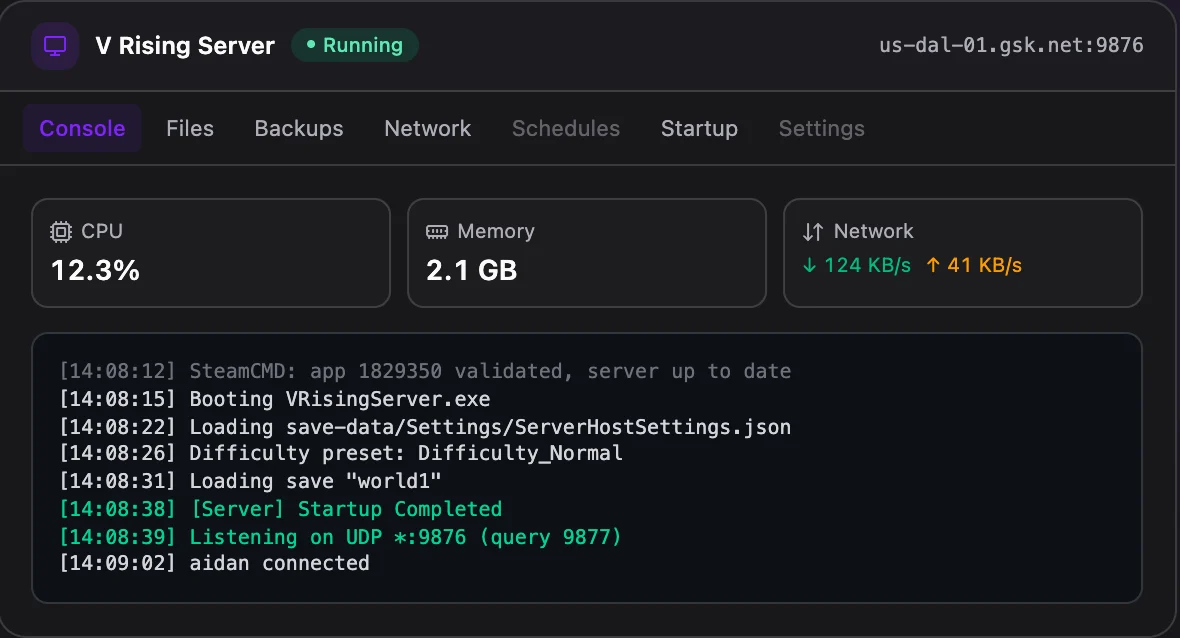 V Rising game panel — live server console
