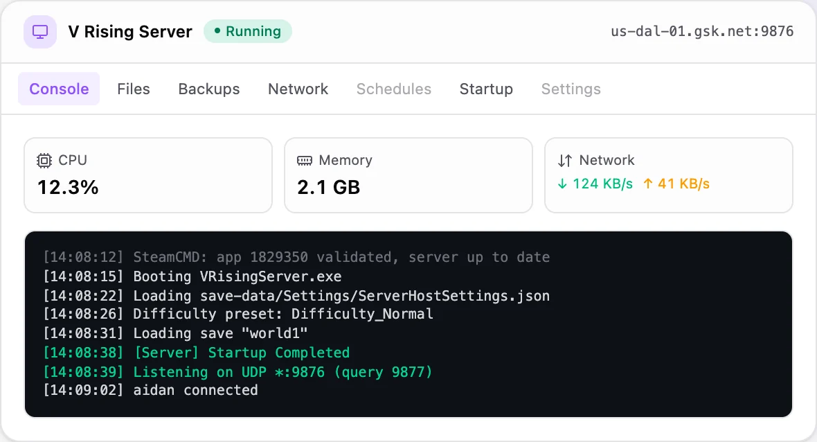 V Rising game panel — live server console