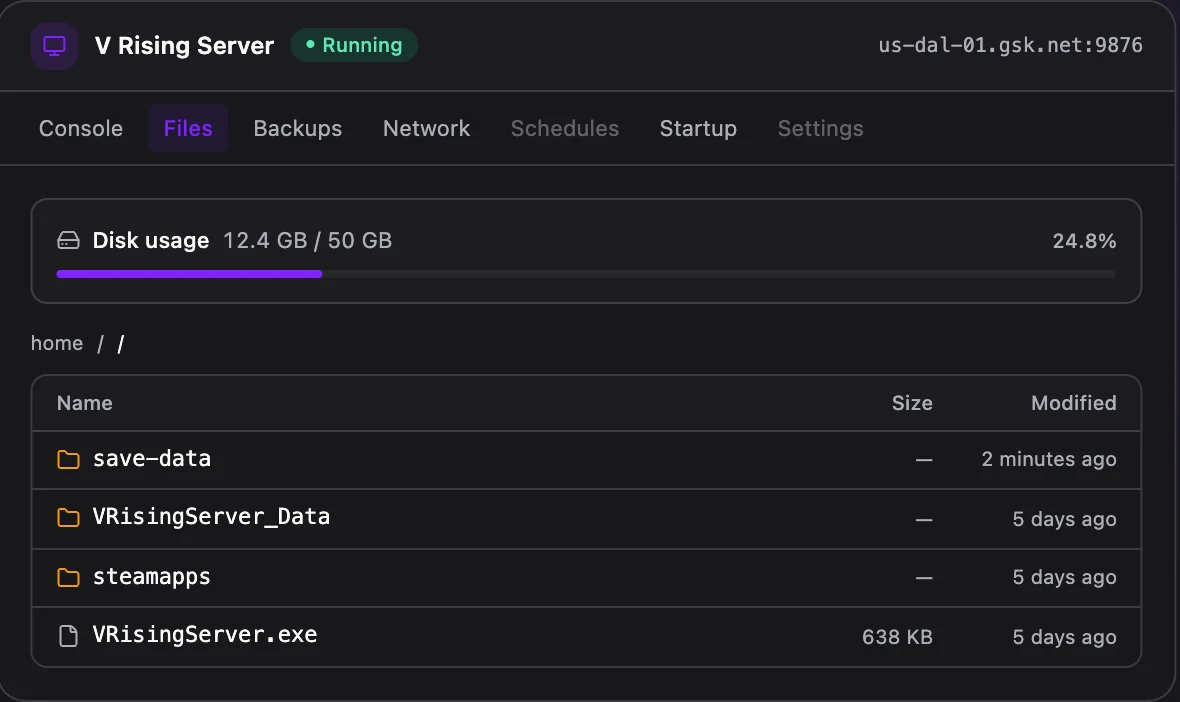 V Rising game panel — full file manager