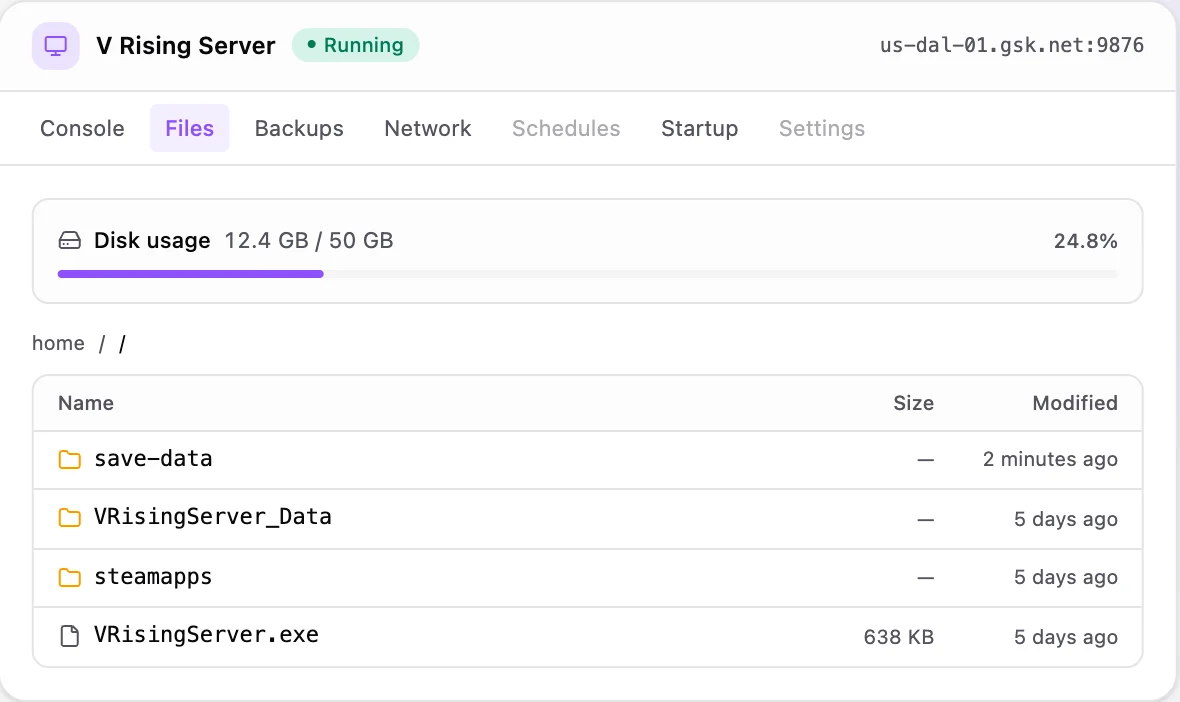 V Rising game panel — full file manager