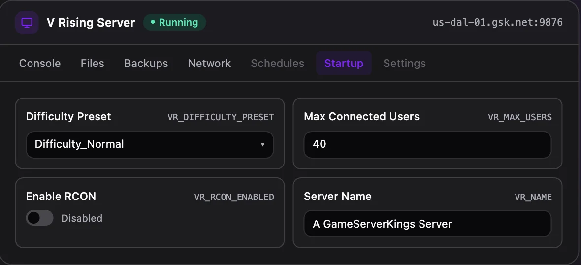 V Rising game panel — startup configuration