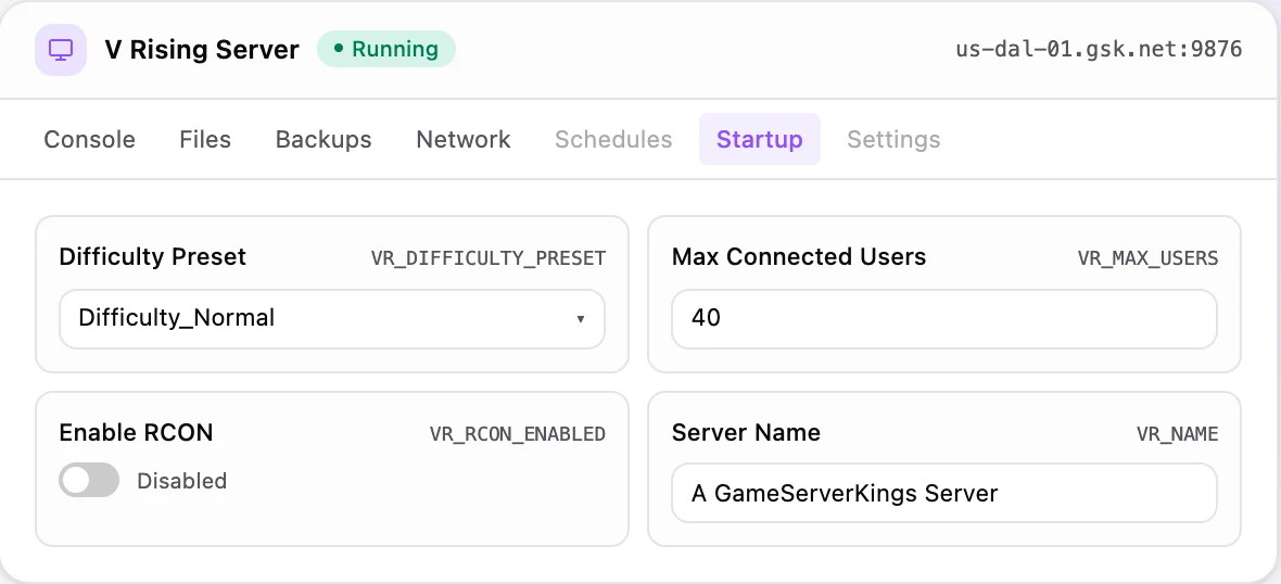 V Rising game panel — startup configuration