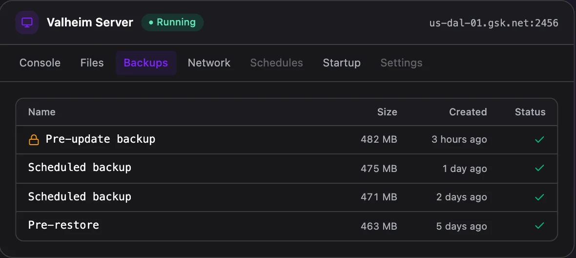 Valheim game panel — one-click backups