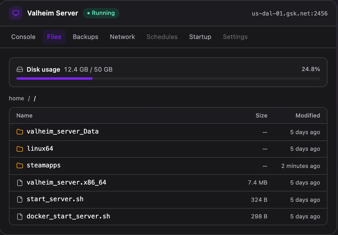Valheim game panel — full file manager