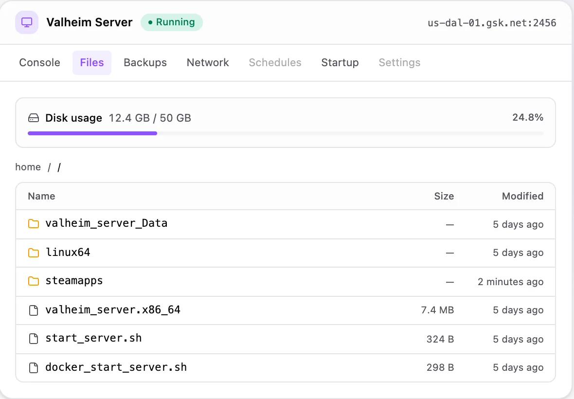 Valheim game panel — full file manager