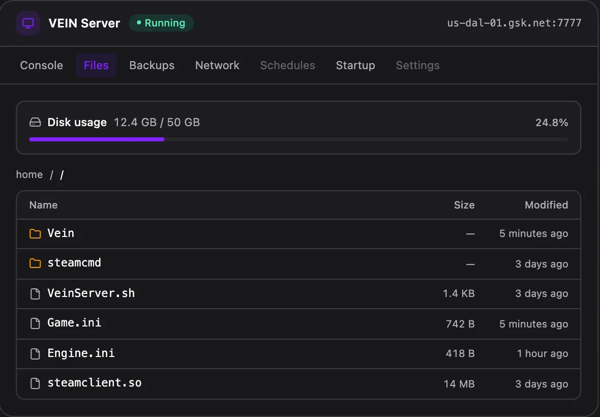 VEIN game panel — full file manager