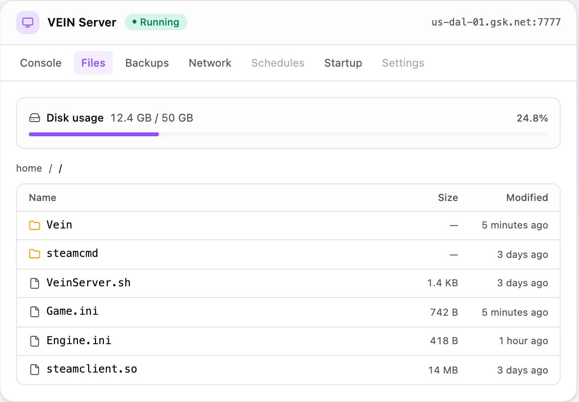 VEIN game panel — full file manager