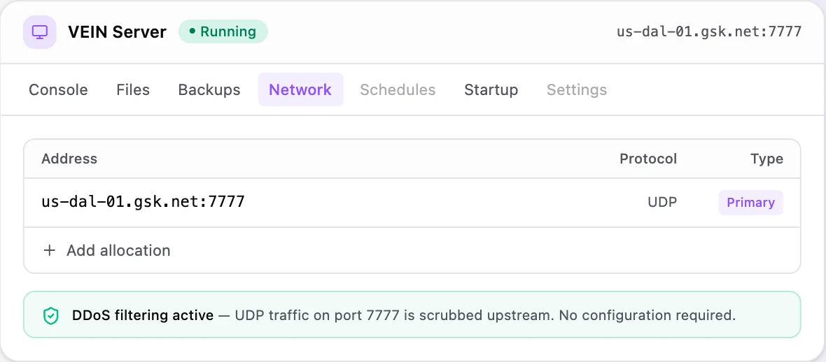 VEIN game panel — network & allocations