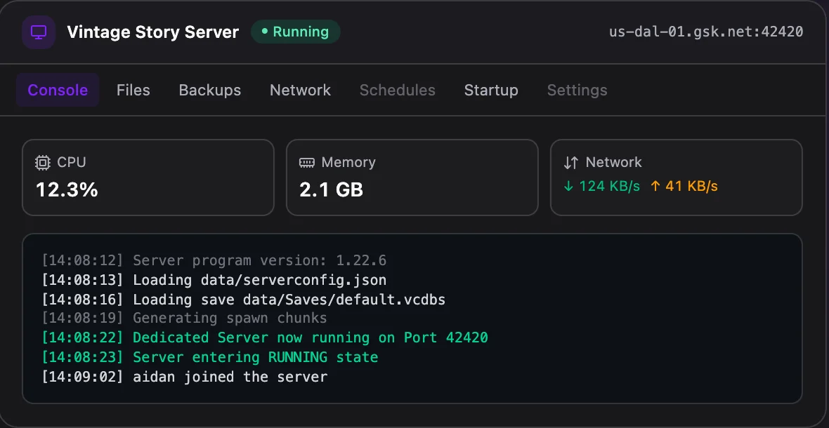 Vintage Story game panel — live server console