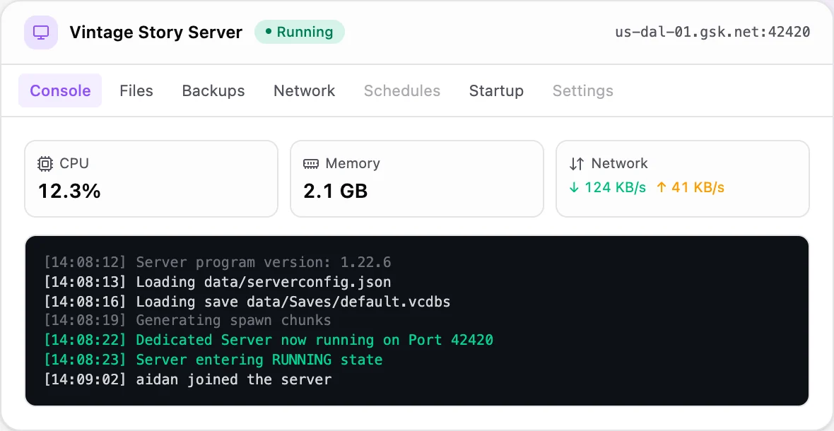 Vintage Story game panel — live server console