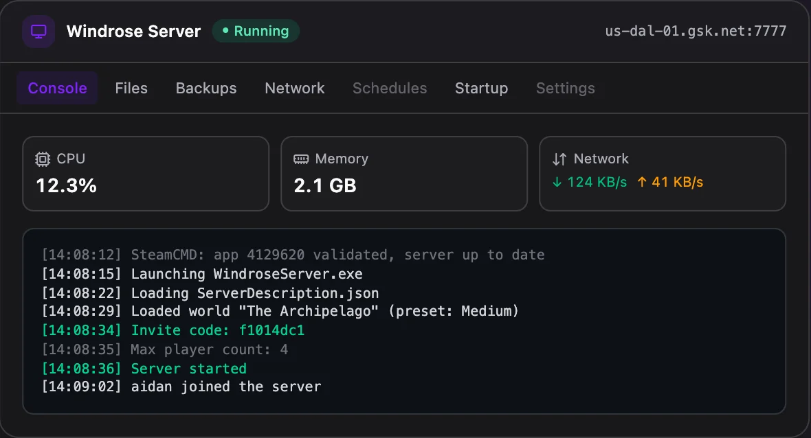 Windrose game panel — live server console