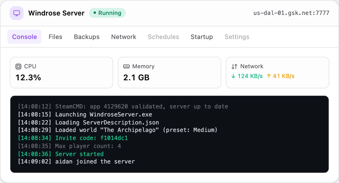 Windrose game panel — live server console