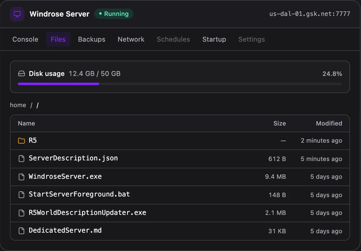 Windrose game panel — full file manager