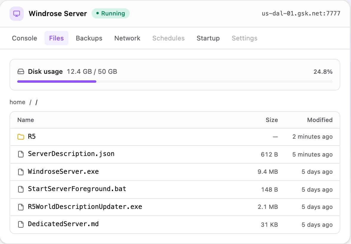 Windrose game panel — full file manager